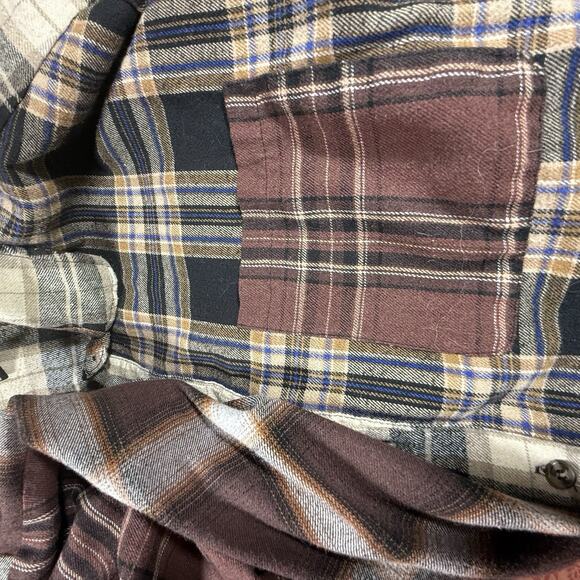 Forever 21 Mixed Plaid Button Up Crop Shirt Sz L Retro Flannel Black and Browns - Picture 7 of 9